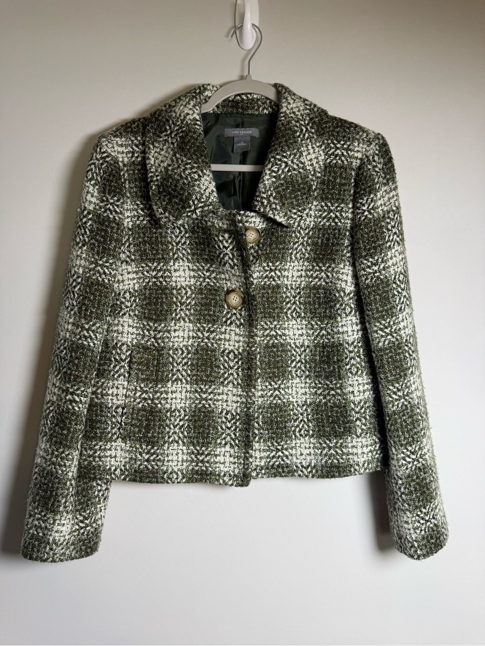 Ann Taylor Women's Green White Plaid Tweed Lined Button Jacket 10 Classic Chic